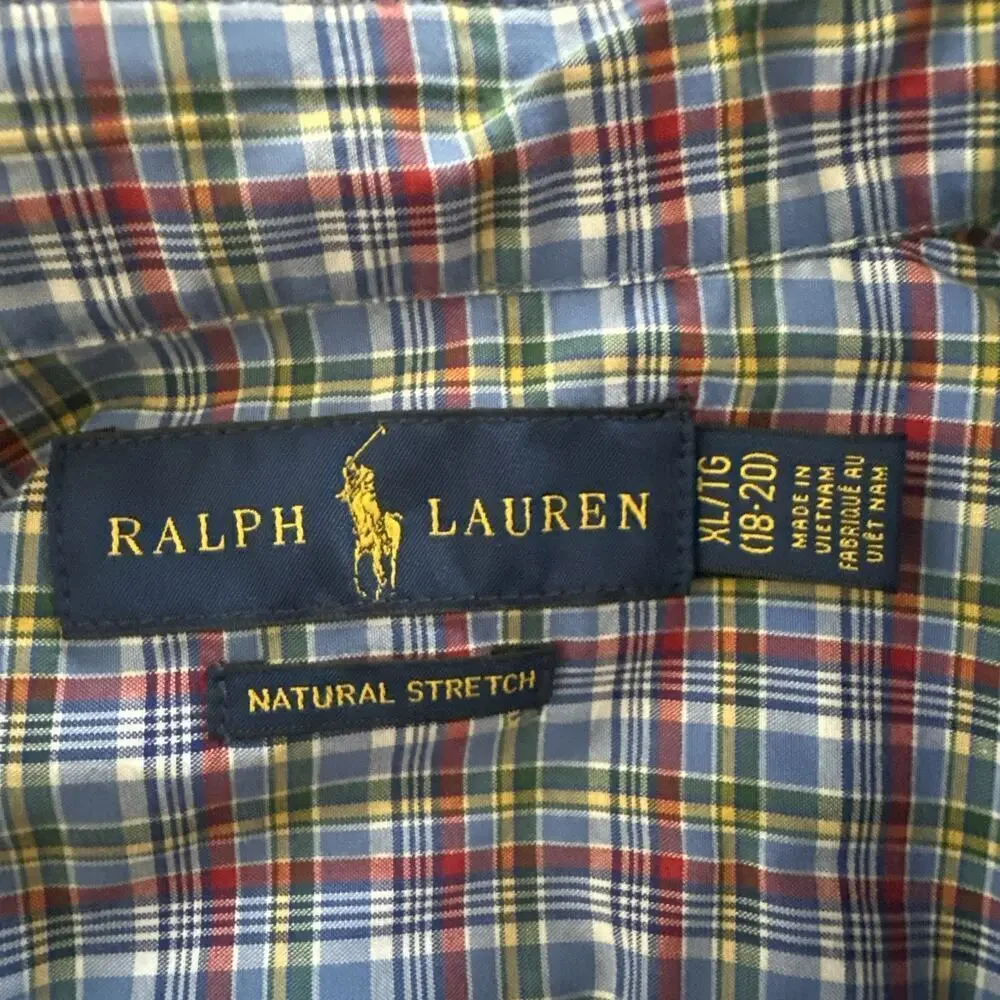 Ralph Lauren Natural Stretch Boys Button-Down Shirt XL Blue Stripes Plaid 18/20
